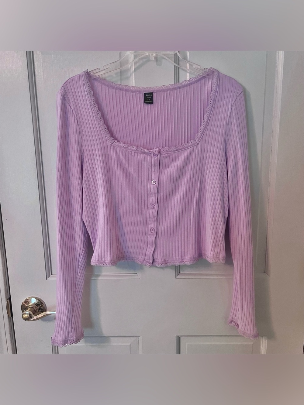 SHEIN Lilac Button Up Ribbed Long Sleeve Crop Top with Lace Trim